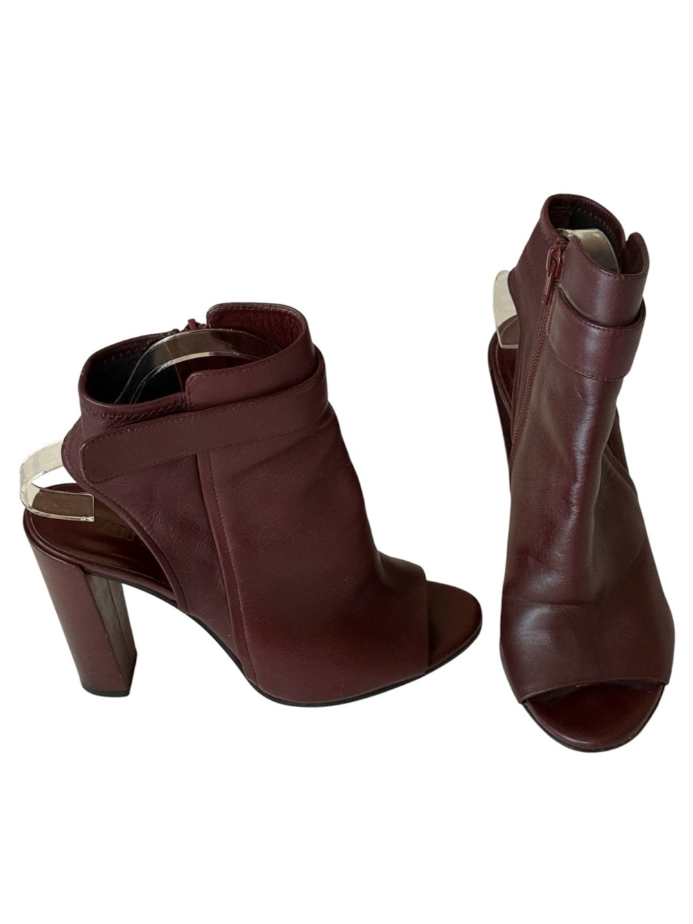 Vince Brigham oxblood open-toe booties featuring a block heel, ankle strap,,8.5